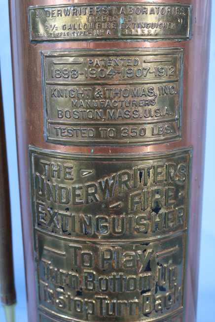 300b - Copper and brass fire extinguisher, 1912, 25 in. T.