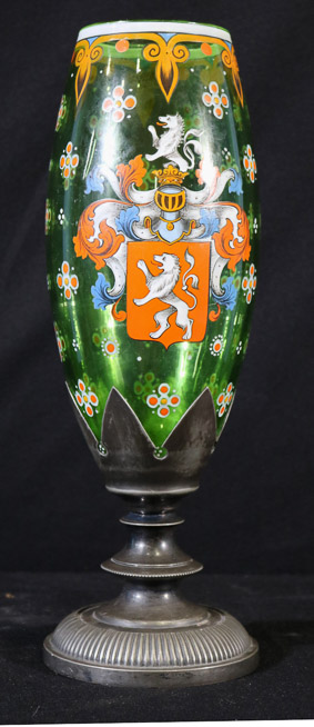 350a - Contemporary green vase with silver-plate, 14 in. T.