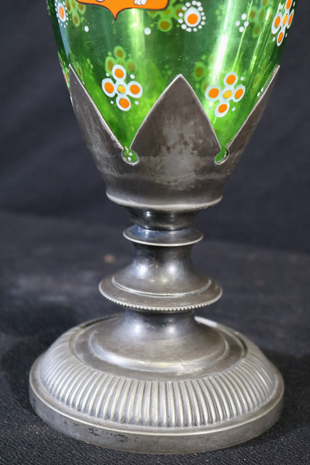 350c - Contemporary green vase with silver-plate, 14 in. T.