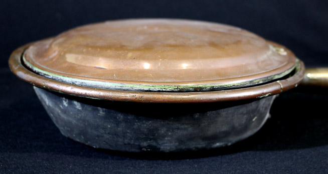376c - Copper bed warmer, 43 in. T, 12 in. D.