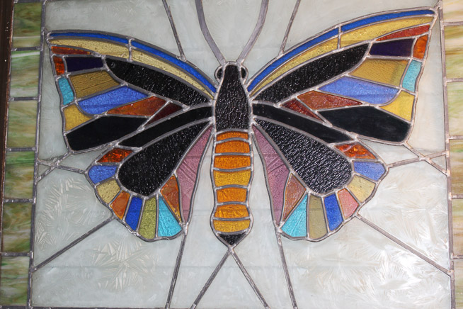 300b - Square stained glass framed butterfly, 35 x 42