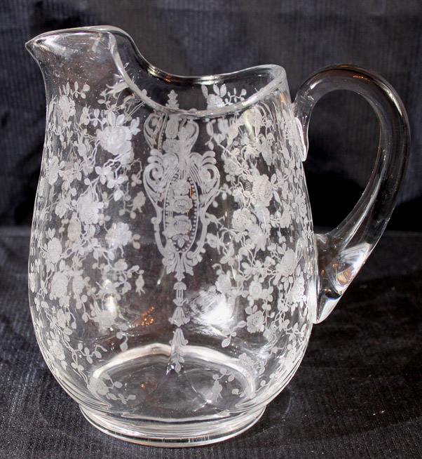 366a - Rosepoint pitcher with applied handle, 8 in. T.