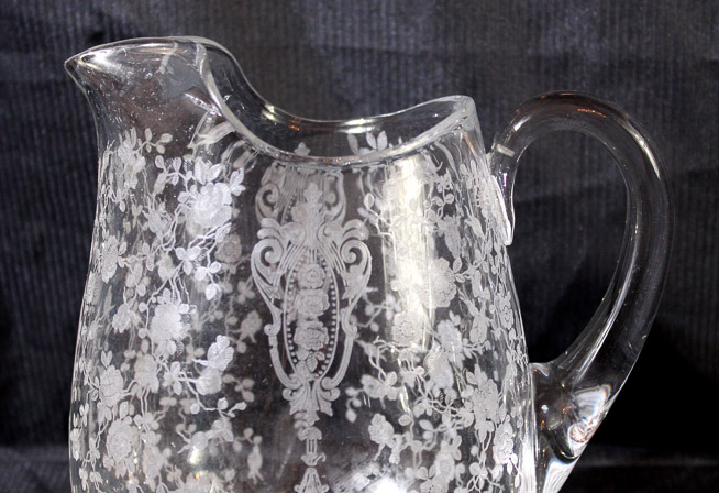 366b - Rosepoint pitcher with applied handle, 8 in. T.