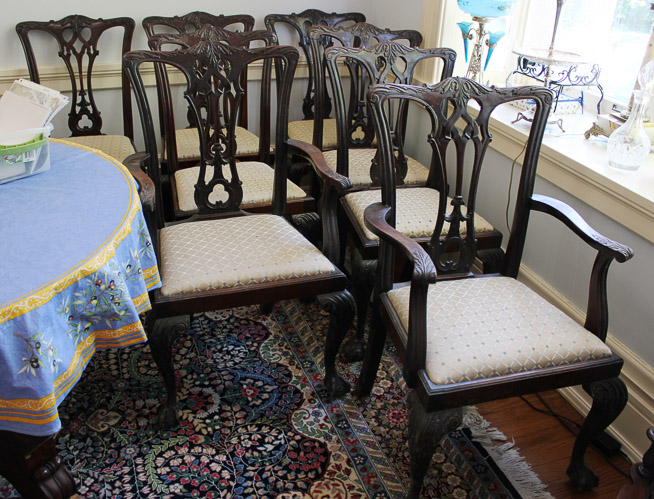 471a - 8 Chipendale chairs in fair condition, good upholstery