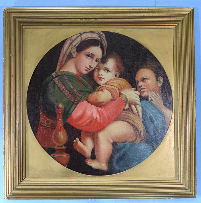 002a - Antique oil on canvas of Madonna and Child in Gold frame, 35 in. Sq.