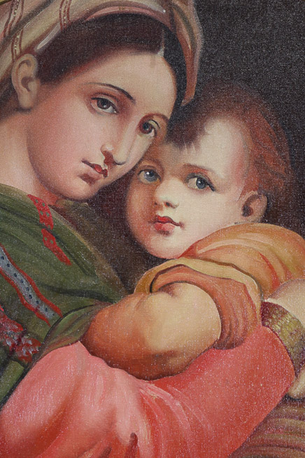 002b - Antique oil on canvas of Madonna and Child in Gold frame, 35 in. Sq.