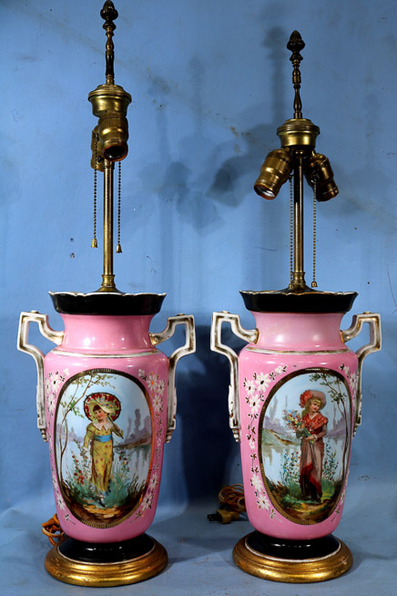 003a - Pair of pink Old Paris lamps, 29 in. T.