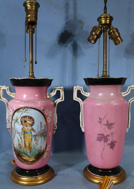 003d - Pair of pink Old Paris lamps, 29 in. T.