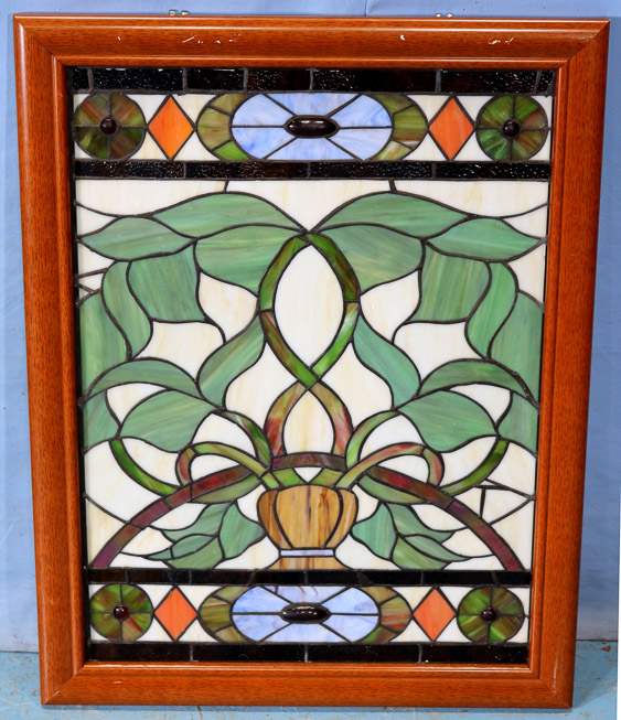 010a - Stained glass window in frame with jewels. 27 x 21