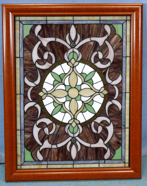 011a - Framed stain glass window with green, 27 x 21