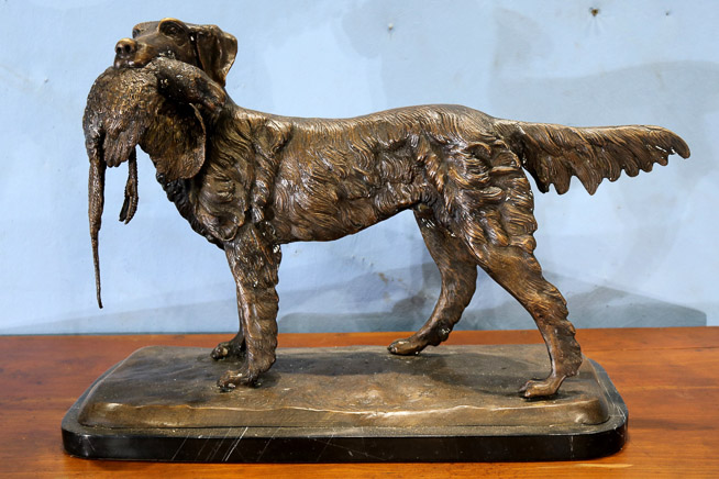 015a - Bronze bird dog on marble base, 17 in. T, 24 in. L, 10 in. D.