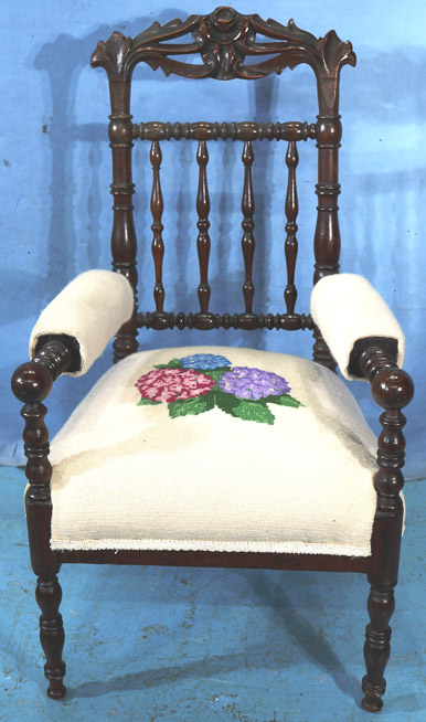 021a - Child's Victorian chair with needlepoint upholstery, 29 in. T, 16  in. W, 13 in. D.