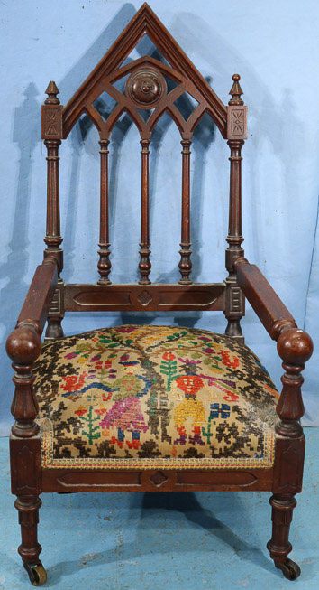 022a - Child's Victorian gothic chair with needlepoint upholstery, 30 in. T, 16  in. W, 16 in. D.