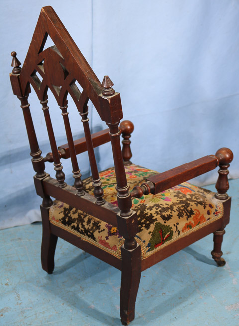 022d - Child's Victorian gothic chair with needlepoint upholstery, 30 in. T, 16  in. W, 16 in. D.