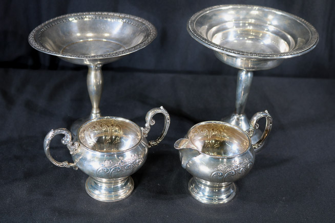 025a - 4 pieces of sterling, 2  compotes, sugar and creamer, 7 in. T, 6.5 in. dia.