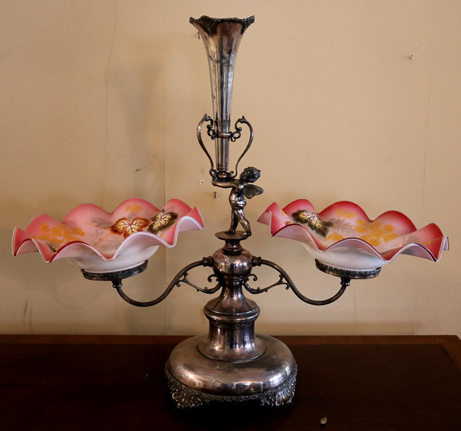 027a - Silver plate Victorian epergne with 2 hand painted bowls, 23 in. T, 26 in. W.