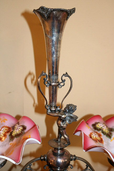 027b - Silver plate Victorian epergne with 2 hand painted bowls, 23 in. T, 26 in. W.