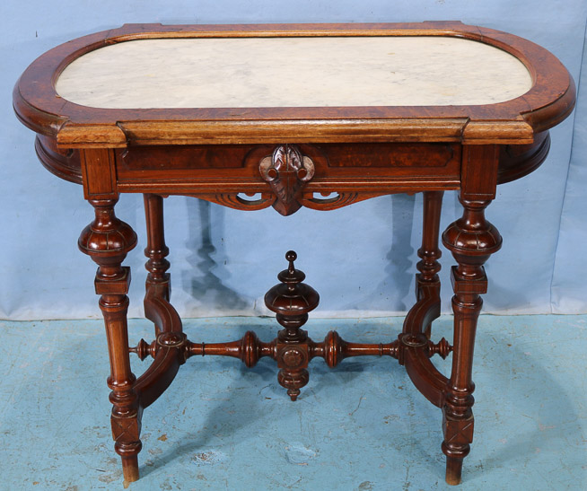 030a - Walnut Victorian parlor table with inserted marble top, 29 in. T, 38 in. W, 24 in. D.