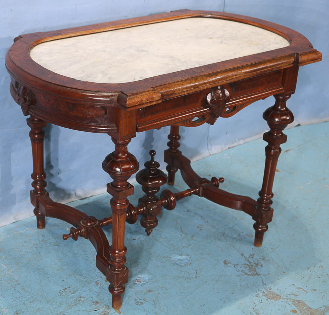 030d - Walnut Victorian parlor table with inserted marble top, 29 in. T, 38 in. W, 24 in. D.