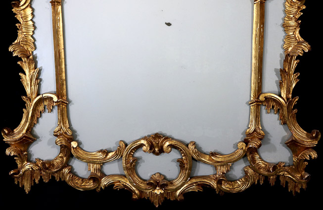 031b - Very ornate gold gilded hanging mirror, 52 in. T, 33.5 in. W. x 33.5