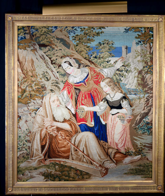 032a - Framed English tapestry in gold gilded frame, 41 x 36