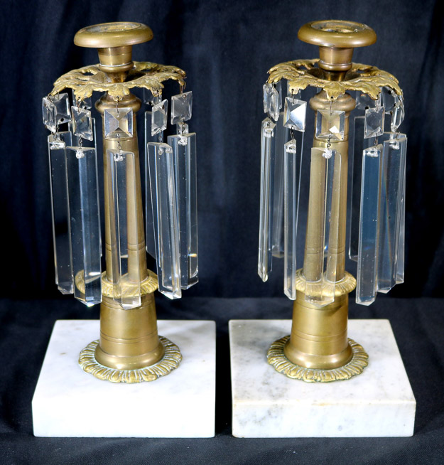 033a - Pair of bronze and marble Empire candlesticks with prisms, 12 in. T.