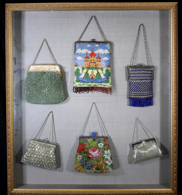 038a - Framed beaded purses in shadow box frame, 36 T, 32 in. W.