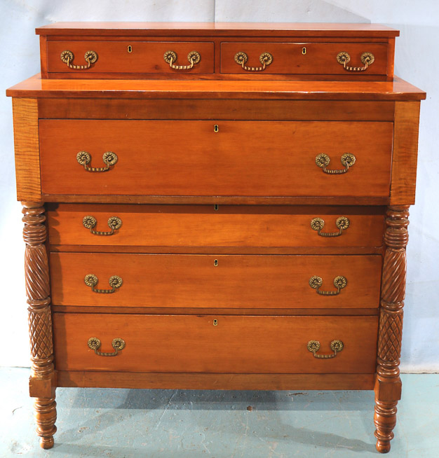 040a - Cherry 6 drawer chest with twisted column front and turned legs, 53 in. T, 47 in W, 22 in. D.