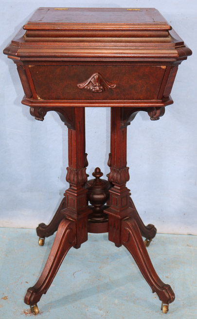 042a - Walnut Victorian sewing stand with burl walnut trim, 31.5 in. T, 18.5 in. Sq.