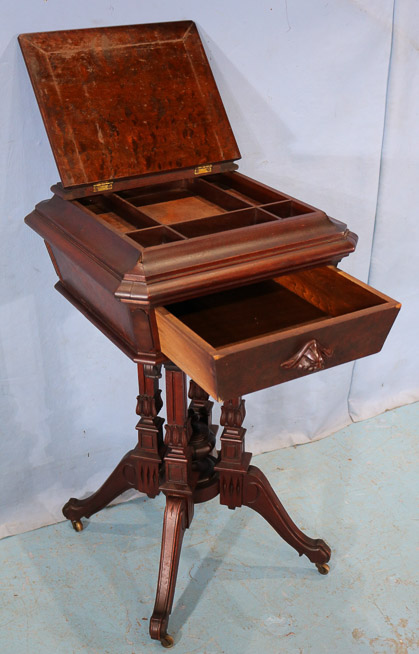 042c - Walnut Victorian sewing stand with burl walnut trim, 31.5 in. T, 18.5 in. Sq.