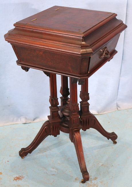 042d - Walnut Victorian sewing stand with burl walnut trim, 31.5 in. T, 18.5 in. Sq.