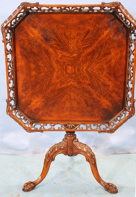 043d - Flame mahogany pie crust tilt top tea table with claw feet, 30 in. T, 27 in. Sq.