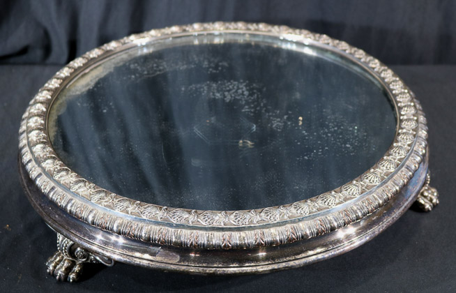 044a - Victorian silver-plate plateau mirror, 4 in. T, 16 in. Dia.