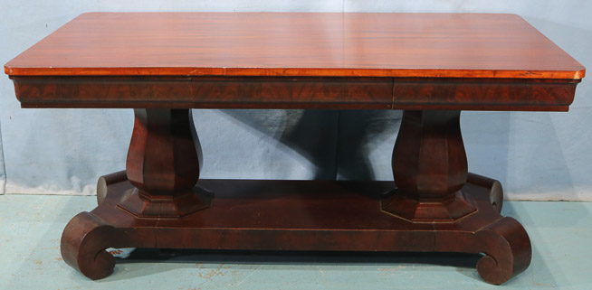 048a - Large solid mahogany library table with scroll feet and drawer, 29.5 in. T, 64 in. L, 36 in. D.