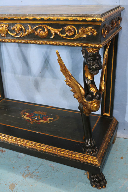 061b - Heavily decorated federal pier table with wing griffin supports, marble top and claw feet, 43 in. T, 55 in. W, 21.5 in. D.