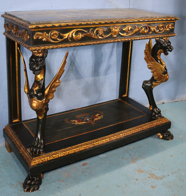 061d - Heavily decorated federal pier table with wing griffin supports, marble top and claw feet, 43 in. T, 55 in. W, 21.5 in. D.