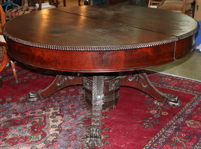 063a - Mahogany Empire banquet table w acanthus carved base, claw feet, 6 leaves, total length 10 ft. 8 in., 30 in. T, 60 in. W.