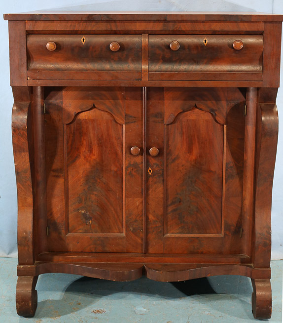 070a - Flame mahogany Empire jelly cupboard with inlay on drawers, all original, 49 in. T, 42 in. W, 21 in. D.
