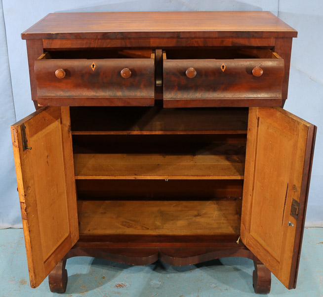 070c - Flame mahogany Empire jelly cupboard with inlay on drawers, all original, 49 in. T, 42 in. W, 21 in. D.