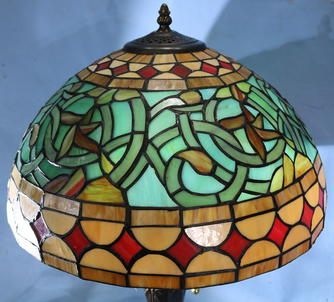 158b - Lamp with leaded glass shade, 23 in. T.