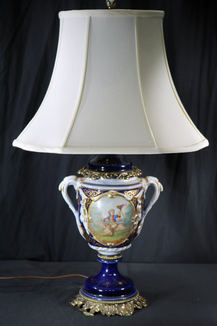 17a - Old Paris porcelain lamp with portrait, 32 in. T.