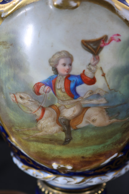 17c - Old Paris porcelain lamp with portrait, 32 in. T.