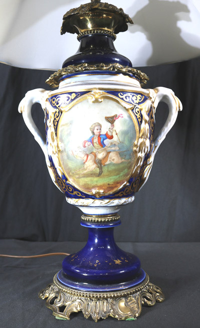 17d - Old Paris porcelain lamp with portrait, 32 in. T.