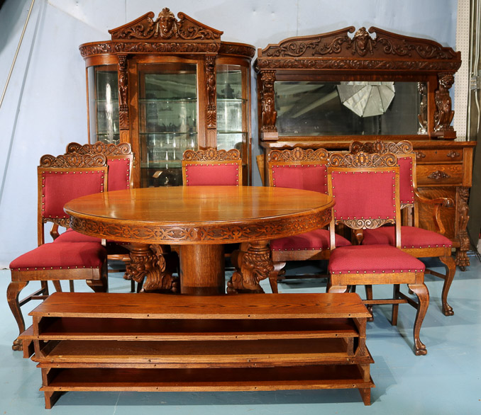 080a - Oak heavily carved dining room suite-15