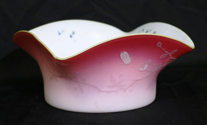 389a - Peach blow square pink satin bowl, hand blown