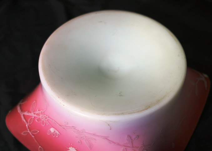 389c - Peach blow square pink satin bowl, hand blown