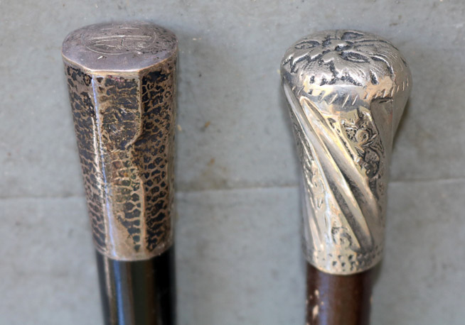218c - 2 black wood walking canes with silver handles