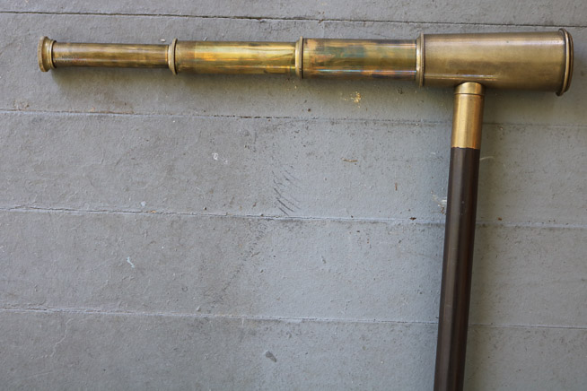 229b - Antique brass walking cane with telescope on handle