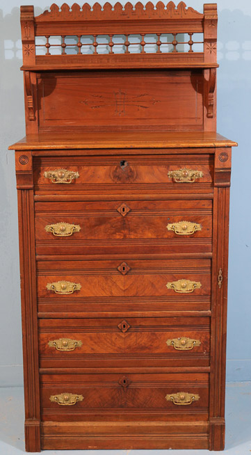 169e - Walnut Victorian highboy chest with backsplash