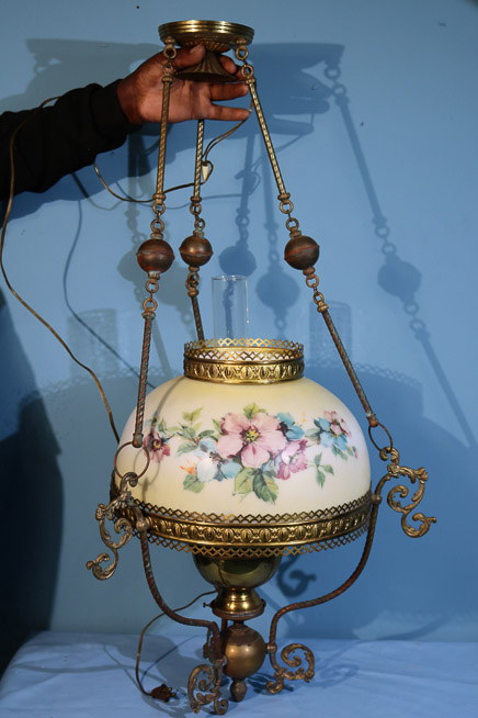 324a - Hanging brass light fixture with hand painted shade